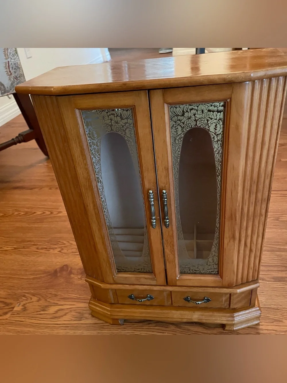 Vintage Large Wood Armoire Style Jewelry Box Gold Etched Glass Doors 17”